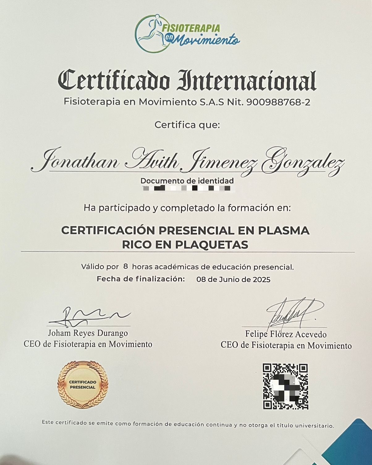 Certificado en Plasma Rico en Plaquetas